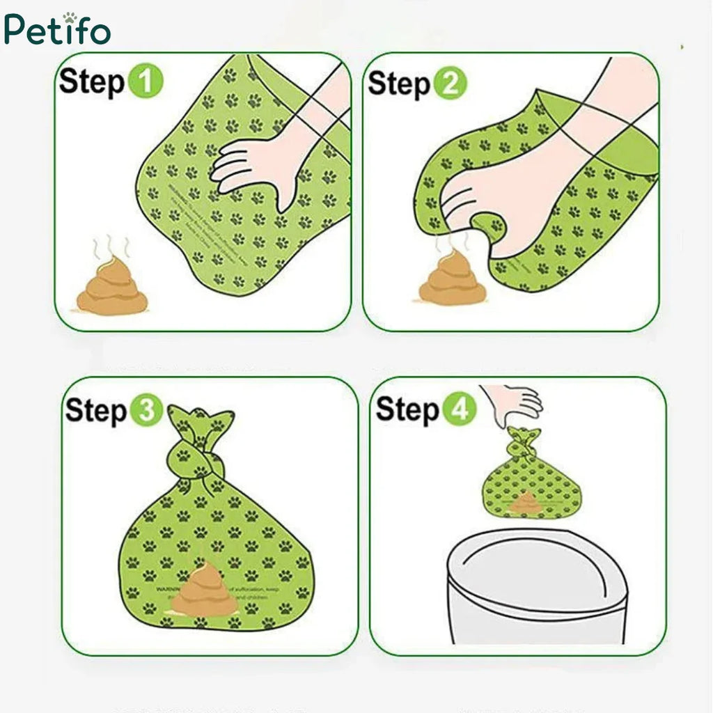 Step-by-step instructional guide showing how to pull, use, tie, and dispose of dog waste bags.