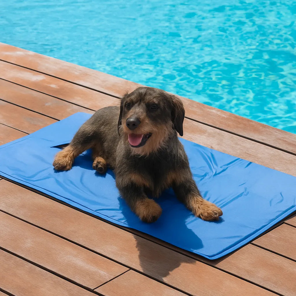 Cooling mat for dogs – dachshund resting on blue cooling pad by pool on wooden decking | Petifo