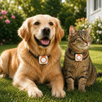 Dog and cat wearing GPS tracker collars outdoors for live pet tracking and safety