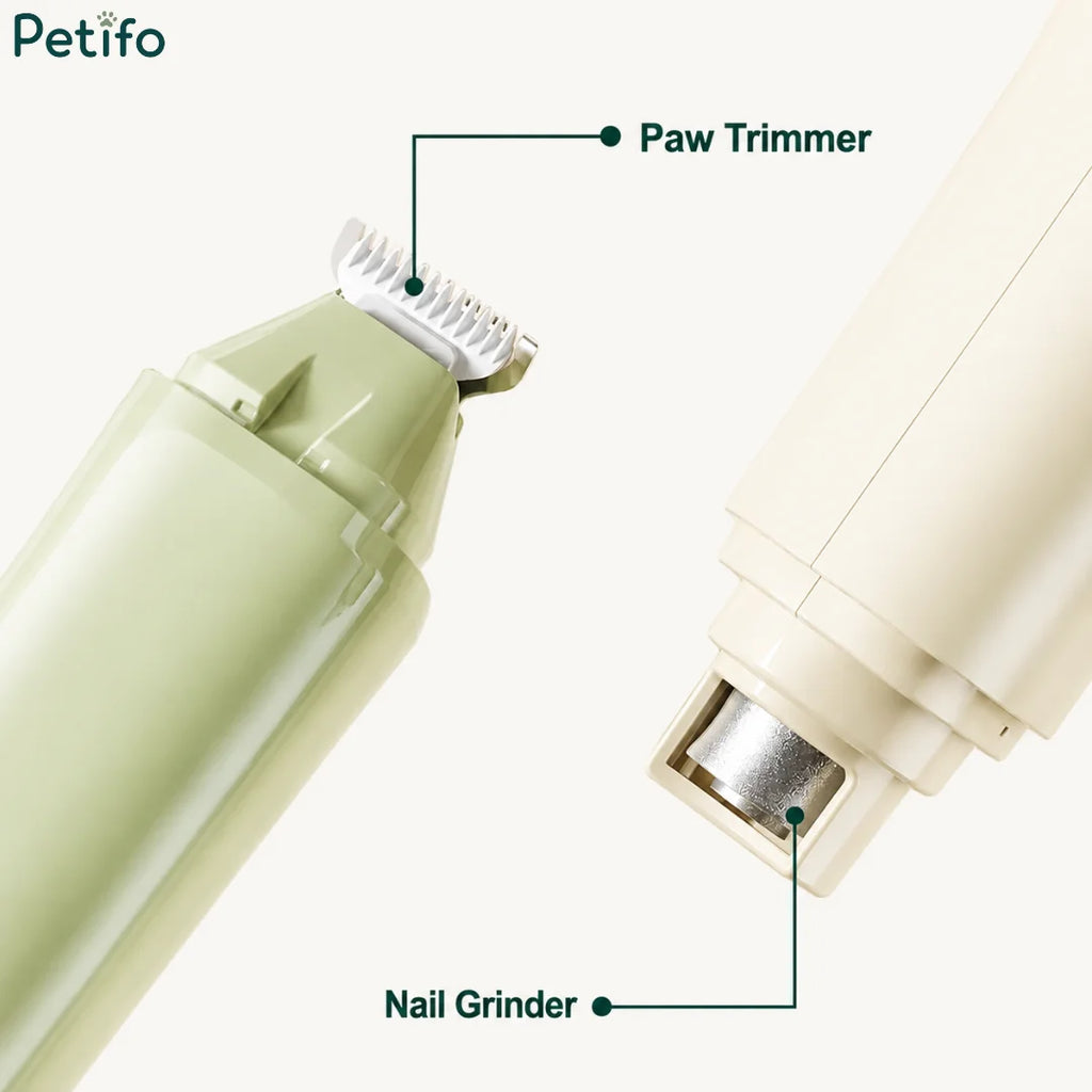 Close-up comparison of the dual-function attachments showing the paw trimmer and nail grinder.