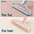 Dual-sided pet hair and fur remover tool showing textured nodes for fur and a metallic edge for hair