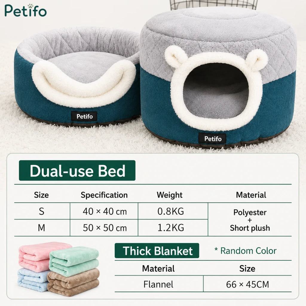 Size and material specifications chart for the Petifo dual-use cat bed and blanket