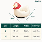 Size chart and dimension guide for the Petifo duck-themed plush pet bed showing small and medium options.