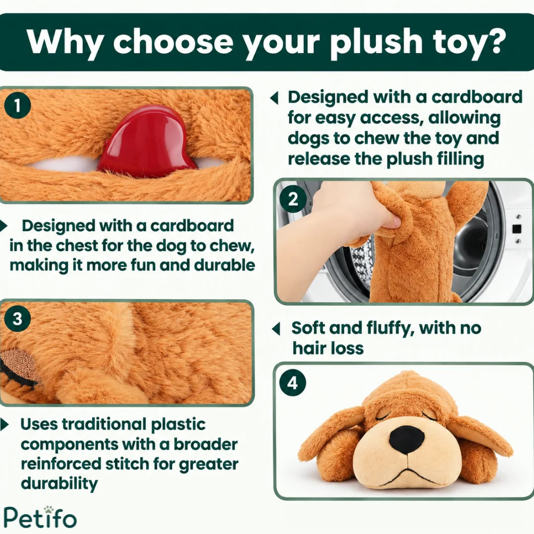 Infographic highlighting durability features, reinforced stitching, and easy machine-washing instructions for the plush toy.