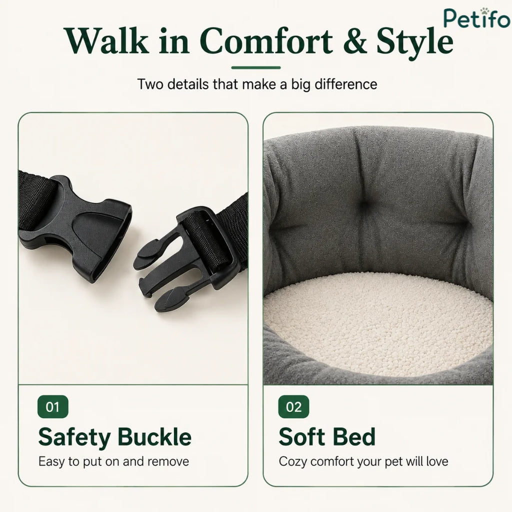 Close-up product highlights featuring a durable black safety buckle and a soft fluffy interior bed for pet car seats.