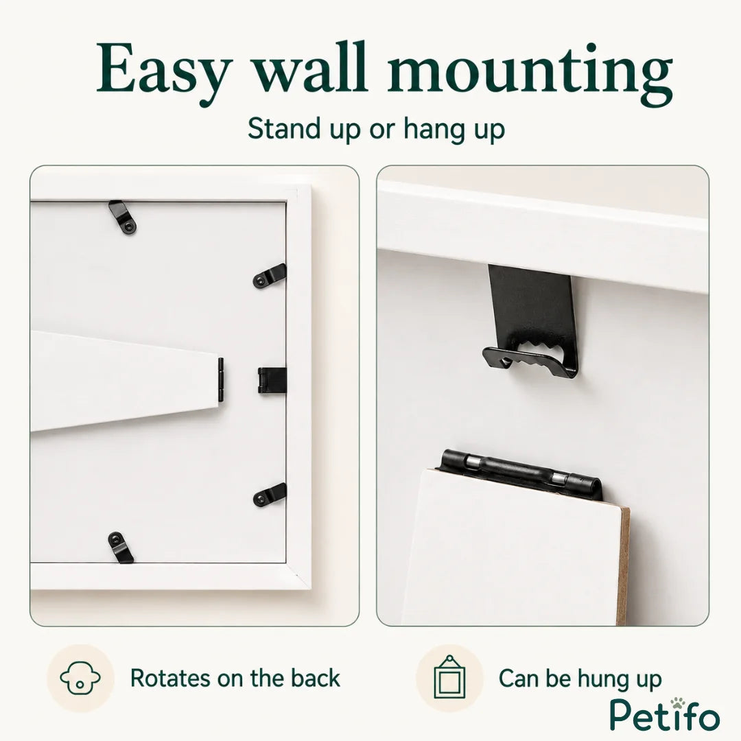Detailed view of the back of the picture frame demonstrating the easel stand, rotating clips, and wall-hanging hardware.