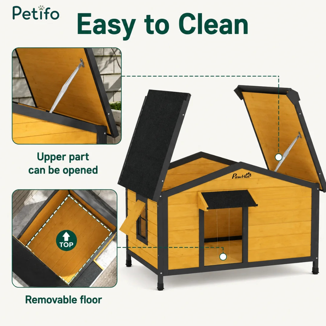 Functional design overview of a wooden dog house featuring an easy-to-clean opening roof and removable floor.