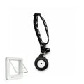Black paw-print cat collar strap paired with an electronic microchip sensor tag and a matching white smart pet door.