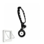 Black paw-print cat collar strap paired with an electronic microchip sensor tag and a matching white smart pet door.