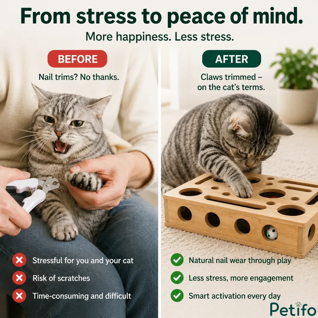 Emotional contrast comparison showing the stress of traditional nail clipping versus the calm happiness of natural claw wear during play.