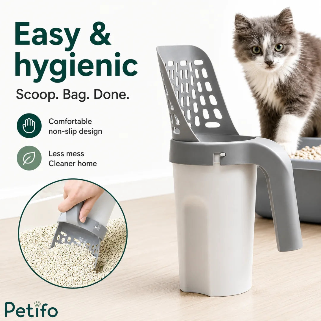Ergonomic cat litter scoop and waste bin combination designed for an easy and mess-free home