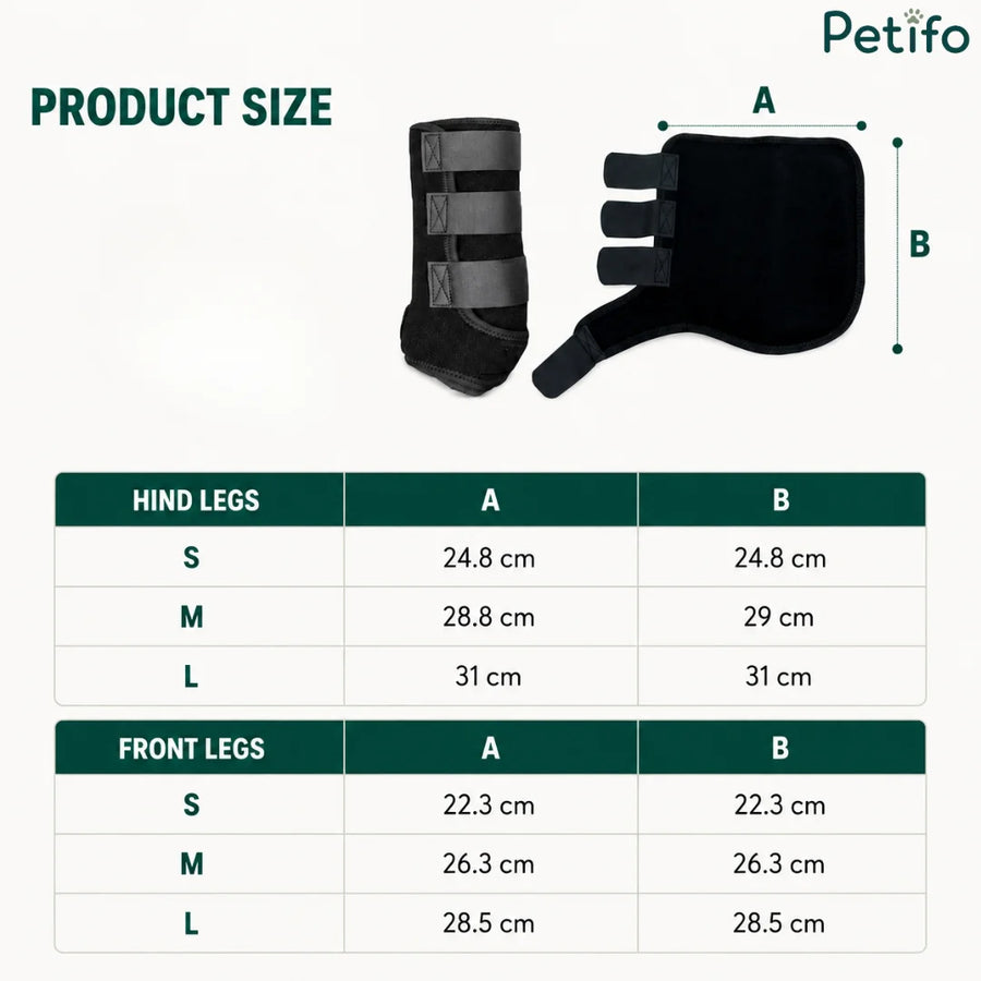 Tableau des tailles du produit indiquant les dimensions exactes des protections pour les jambes arrière et avant des chevaux en tailles petite, moyenne et grande.