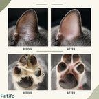 Before-and-after comparison showing cat ears and paw pads trimmed clean of excess fur.