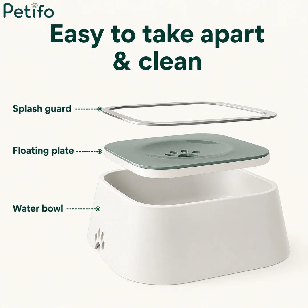Exploded view diagram of anti-spill pet bowl splash guard and floating plate