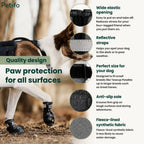 Feature breakdown infographic showcasing the wide elastic opening, reflective straps, anti-slip sole, and fleece-lined fabric of the dog shoes worn by a dog outdoors.