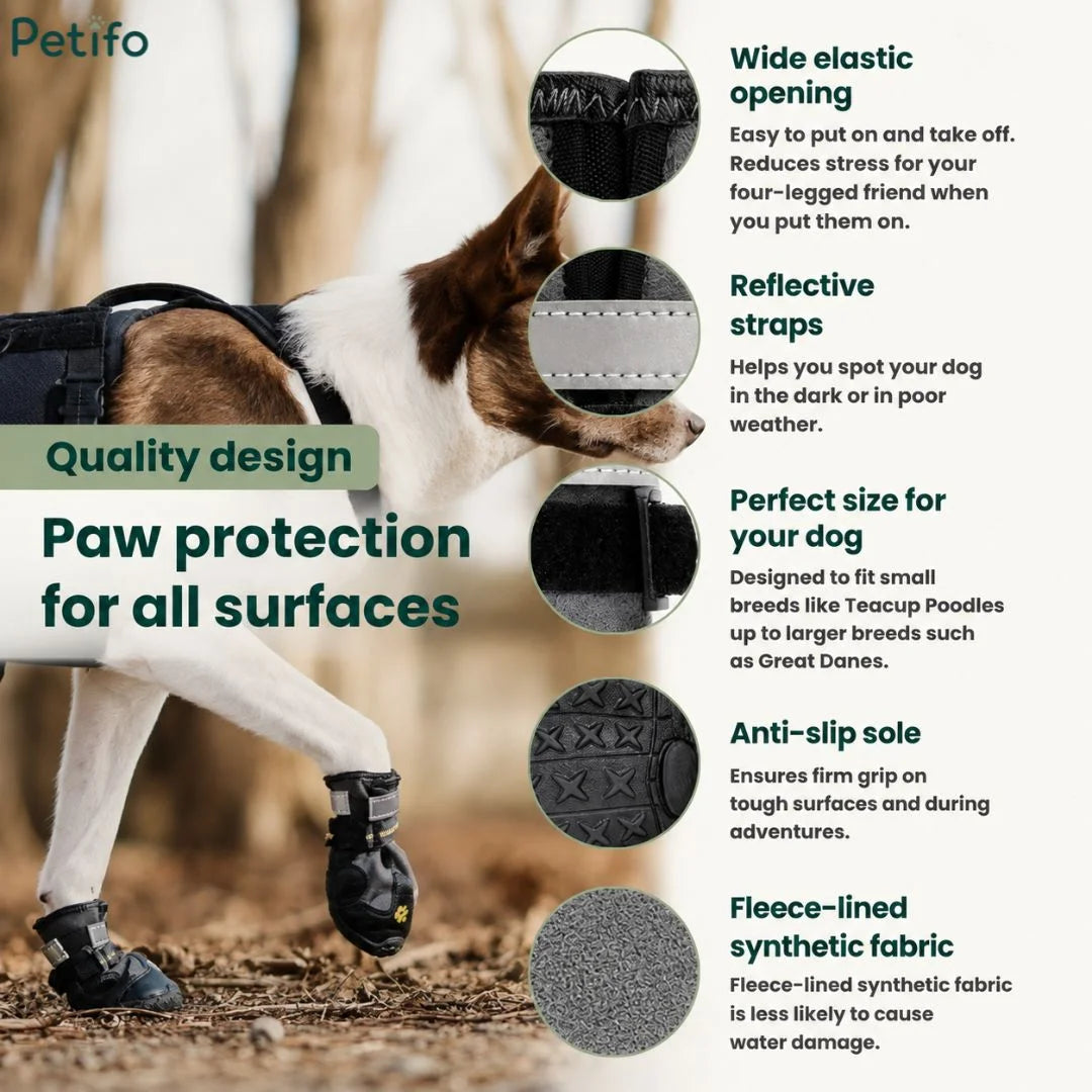Feature breakdown infographic showcasing the wide elastic opening, reflective straps, anti-slip sole, and fleece-lined fabric of the dog shoes worn by a dog outdoors.