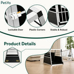 Product features infographic showing lockable door, plastic corners, and sturdy construction of Petifo dog crate.