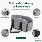 Features diagram of Petifo car booster seat highlighting safety hook, machine washable fabric, and sturdy frame