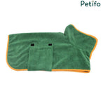 Flat lay view of green microfibre pet bathrobe with adjustable belly strap and velcro fasteners