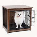 A fluffy white dog relaxing inside a dark wood Petifo dog crate end table styled with a comfortable interior cushion.
