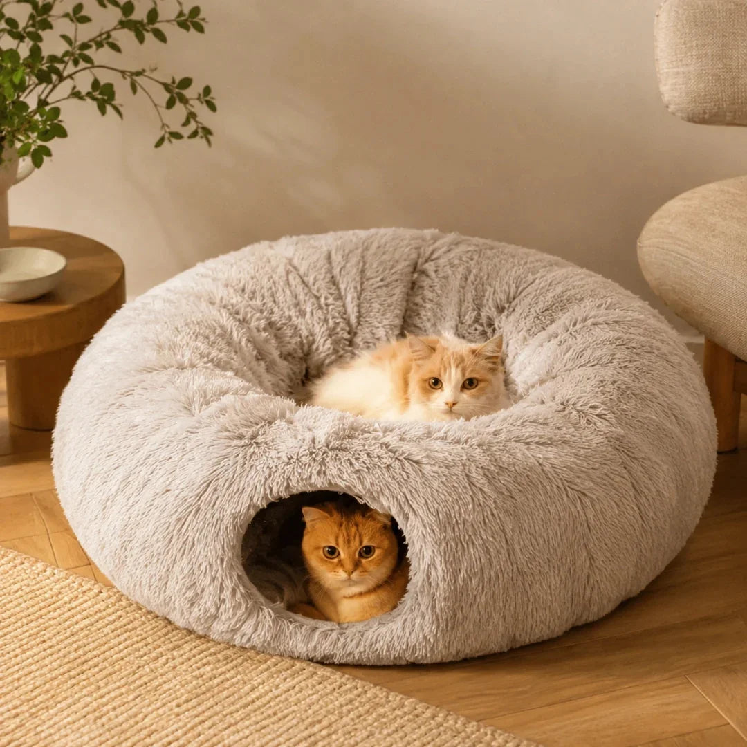Two adorable cats resting comfortably together inside a plush gray donut cat bed with an integrated tunnel hideout.
