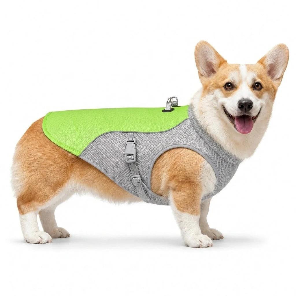 Corgi wearing a green cooling vest in size small.