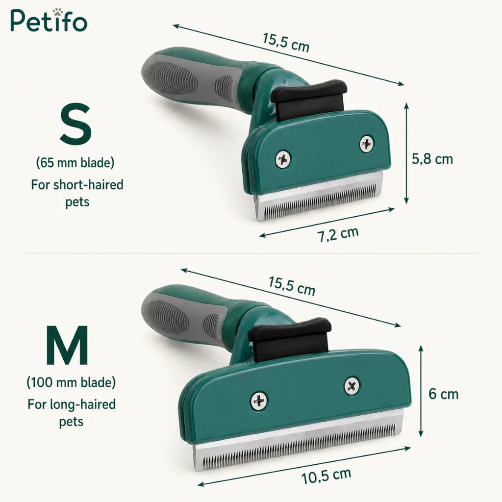 Sizing chart comparing small and medium green pet deshedding brushes with precise blade and handle measurements.