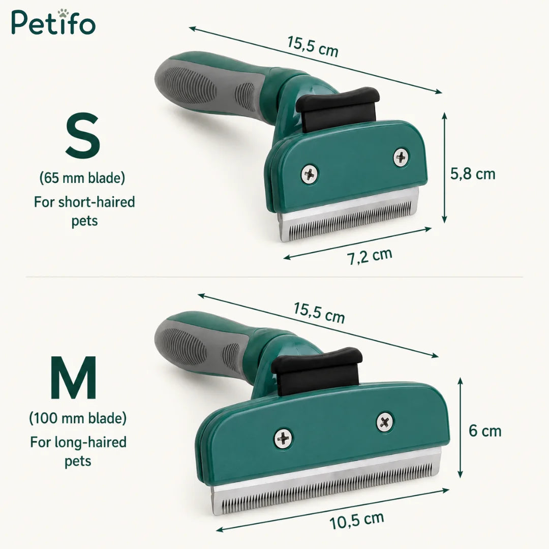 Sizing chart comparing small and medium green pet deshedding brushes with precise blade and handle measurements.