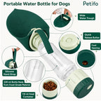Detailed product breakdown diagram showcasing the components and features of the green and beige Petifo portable dog water bottle.