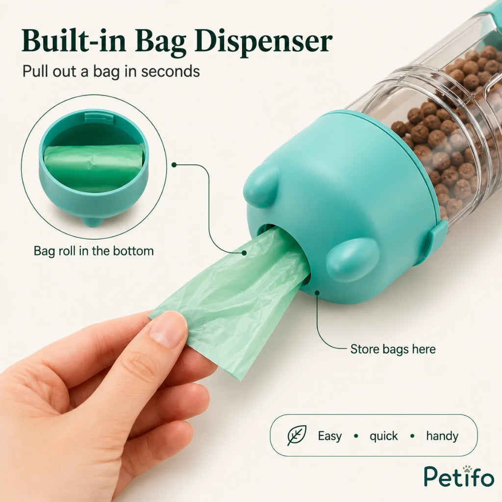 Built-in bag dispenser graphic illustrating how a green poop bag roll fits securely inside the bottom compartment and pulls out easily.