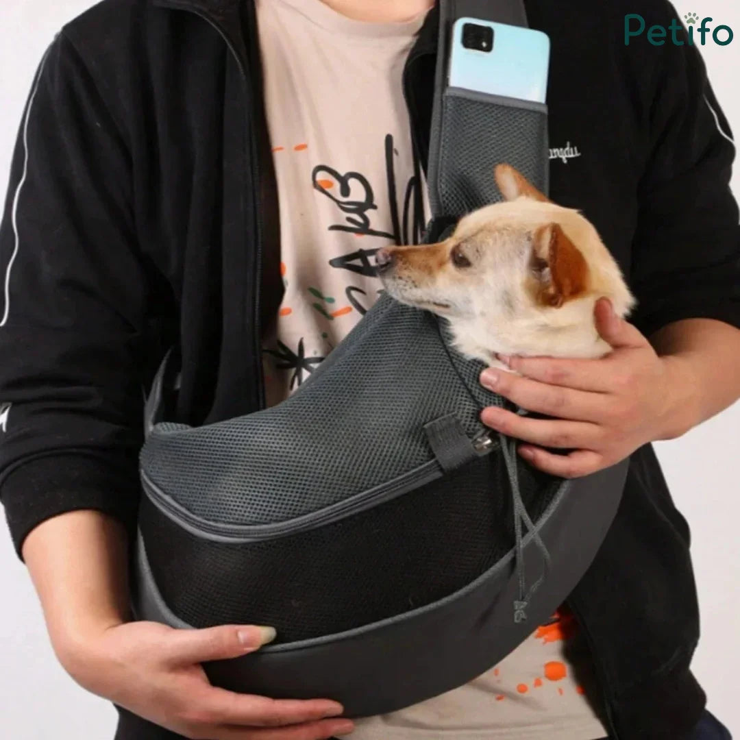 Person carrying a small dog securely inside a grey mesh hands-free pet sling.