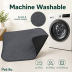 Machine washable grey pet training mat featuring scratch-resistant fabric and care instructions.