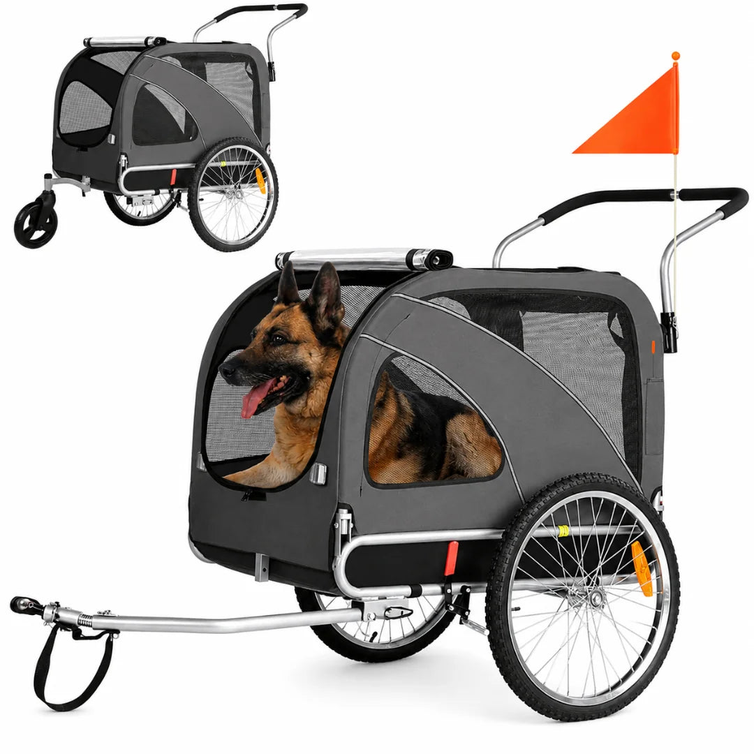 Grey Petifo pet trailer featuring a safety flag, comfortable interior, and large mesh windows for transport.