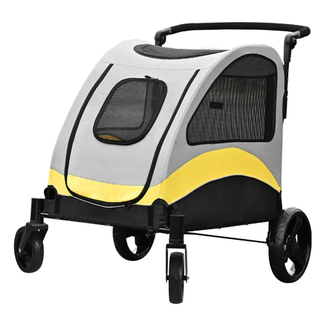 Front three-quarter view of a grey and yellow heavy-duty pet stroller isolated on a plain white background