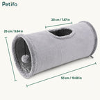 Product dimension diagram for a standard grey plush single cat tunnel.