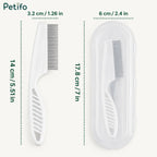 Size dimension guide showing measurements for the fine-toothed pet grooming comb and its storage case.