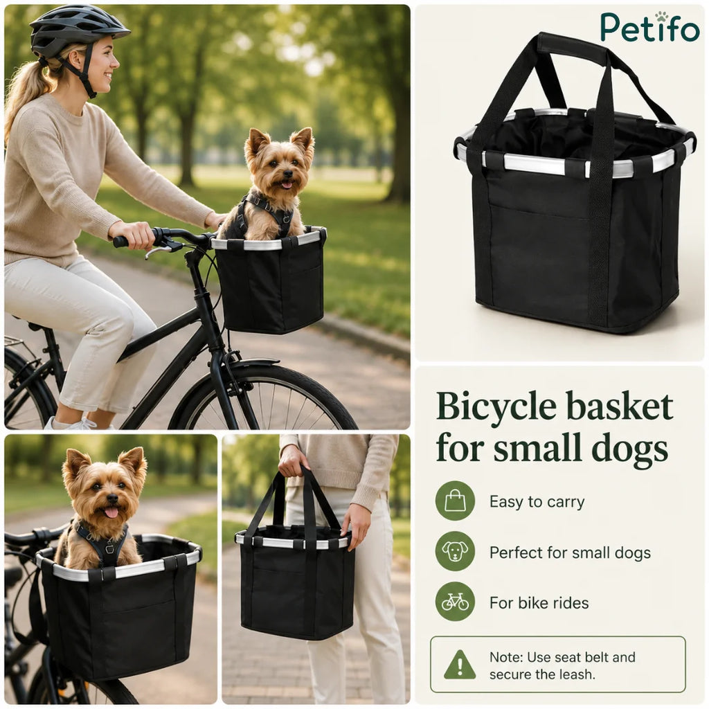 Lifestyle and feature summary banner showing a happy dog riding in the basket, hand-carrying view, and key highlights for small dogs.