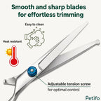 Close-up of durable stainless steel pet grooming shears highlighting the smooth, heat-resistant, and adjustable tension screw.