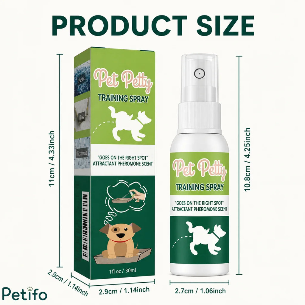 Product size dimensions guide showing bottle heights and widths for puppy training spray.