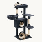 High-quality product image of a dark grey multi-level cat tree featuring three cats resting in the condo, hammock, and top bed.