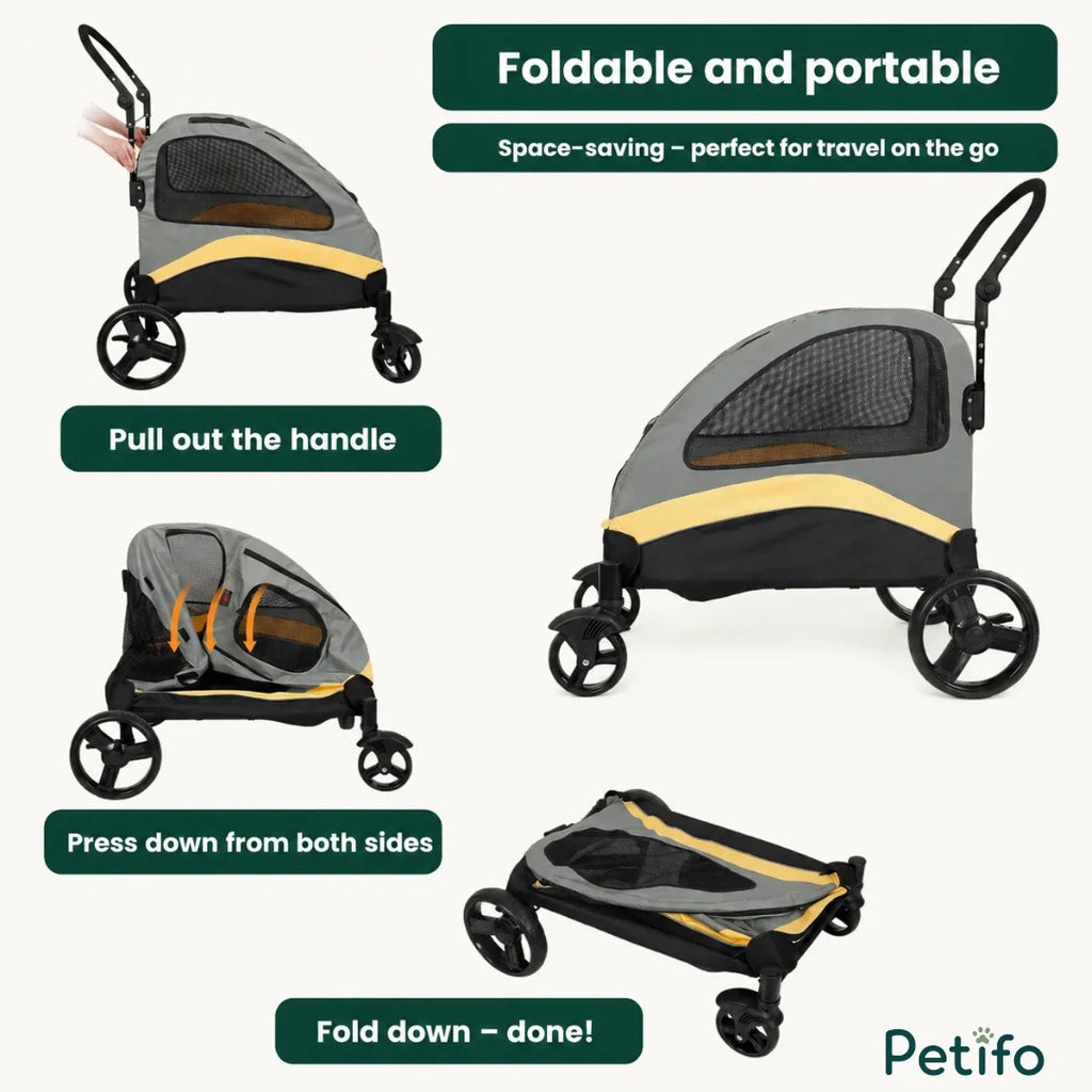 Step-by-step infographic guide demonstrating how to easily fold down the portable Petifo dog stroller