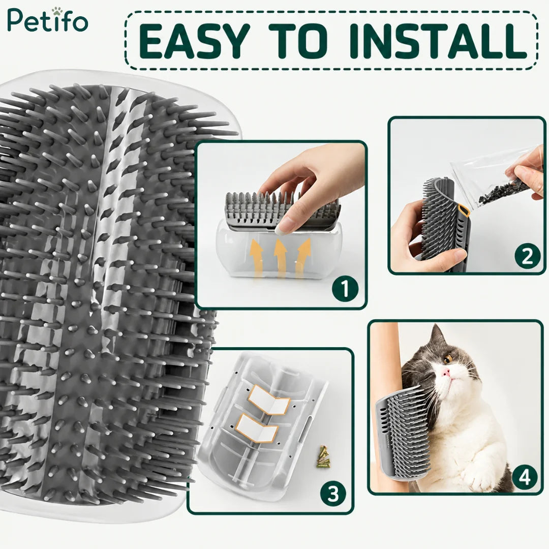 Step-by-step installation guide demonstrating how to insert catnip, peel adhesive pads, and mount the groomer.