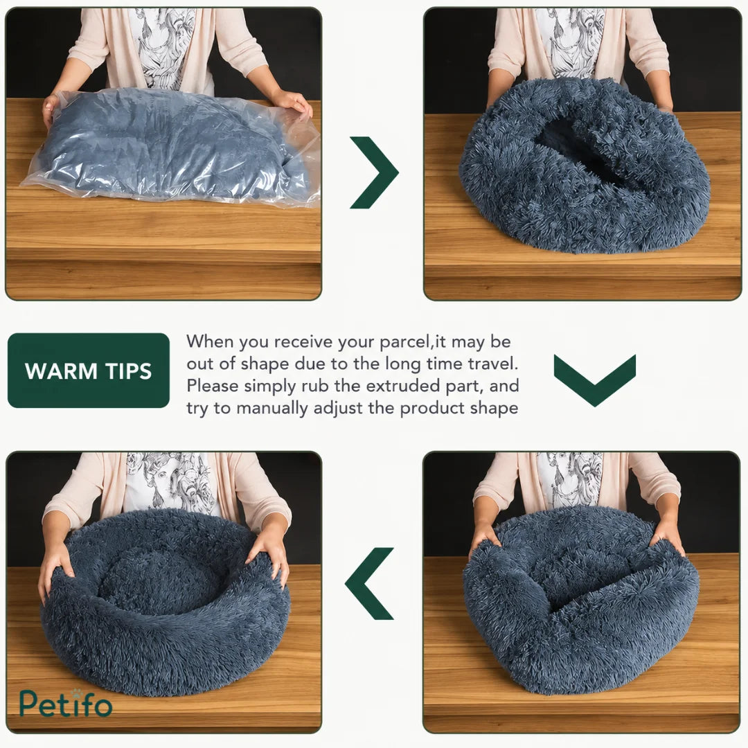 Instructional guide demonstrating how to unbox, fluff, and reshape a vacuum-sealed pet bed.