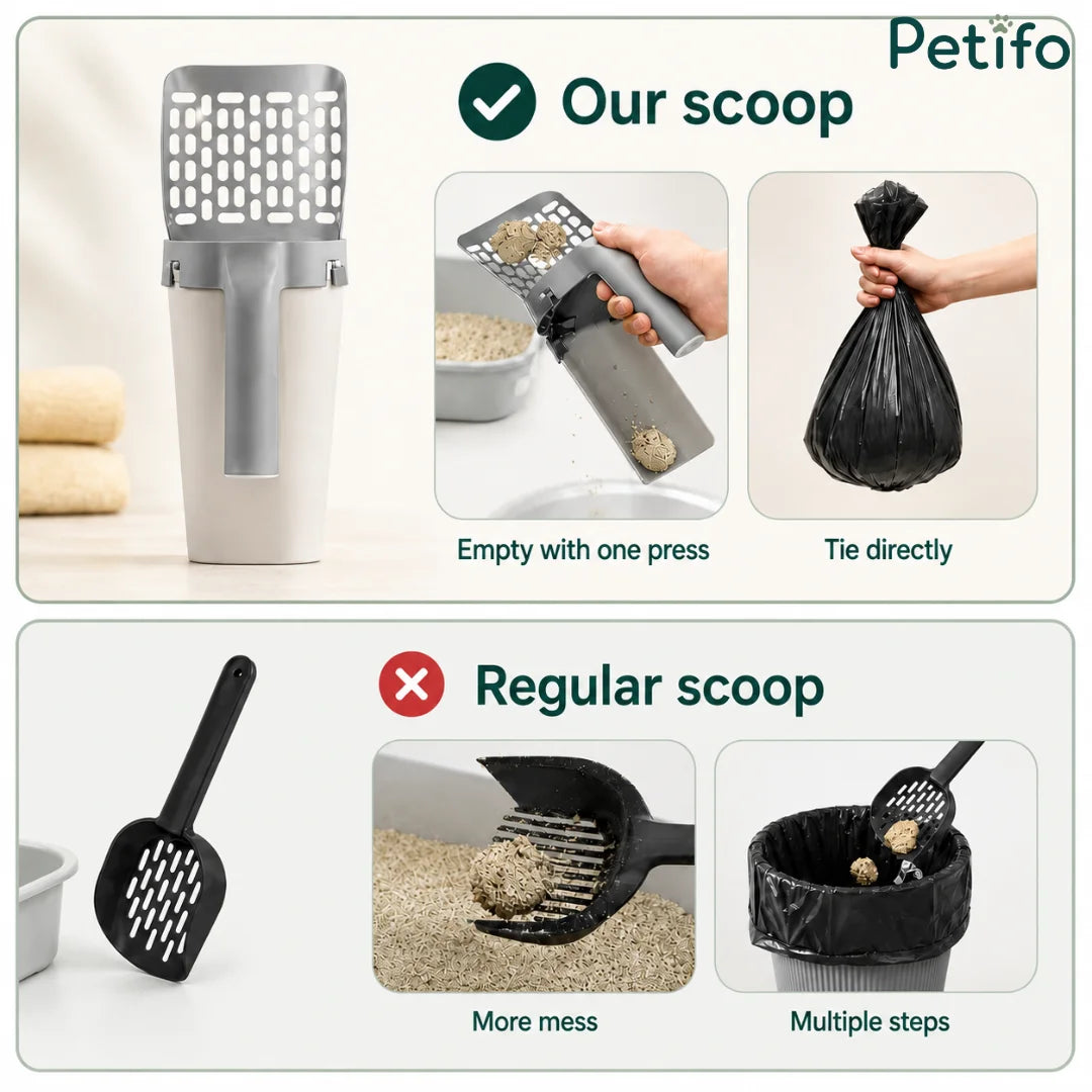 2-in-1 cat litter scoop with integrated waste bin and bag dispenser compared to a regular scoop.