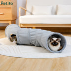 Two playful cats interacting with a grey collapsible cat tunnel on a round rug.
