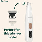 Precision pet trimmer model shown alongside interchangeable replacement blade heads and detailed pointers.