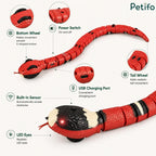 Feature breakdown diagram highlighting the bottom wheel, power switch, LED eyes, and sensor of the toy snake.