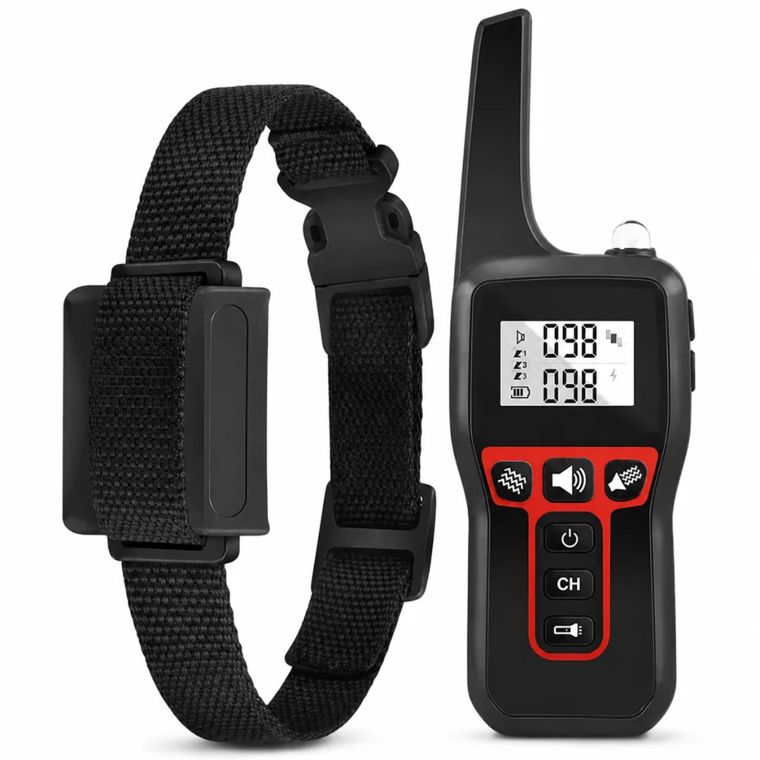 A single black training collar strap and receiver unit displayed alongside its remote control with a clear LED screen.