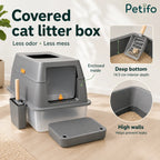 Features of a covered cat litter box with deep 14.5 cm walls to minimize odor and mess, including a scoop and mat.