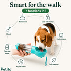 Smart for the walk" infographic highlighting the 7-in-1 functions including water bowl, lock button, food container, safe material, recycled water, poop bag holder, and shovel.
